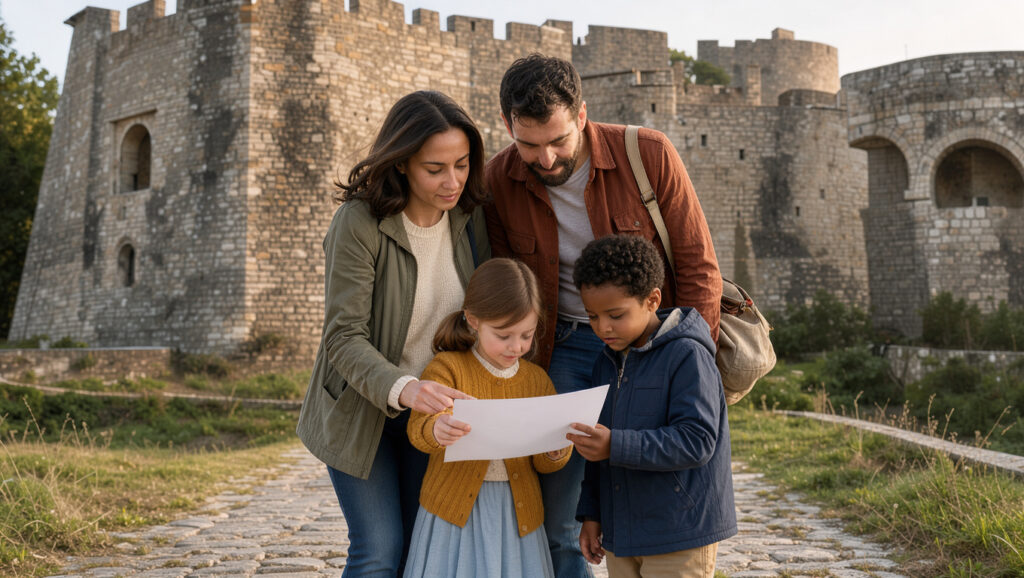 Une famille avec deux enfants consulte un agenda vierge devant la Citadelle de Besançon, dans une douce lumière de week-end.